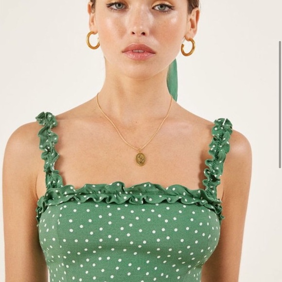 Reformation Arielle Green Polka Dot Slit Dress - Picture 3 of 3